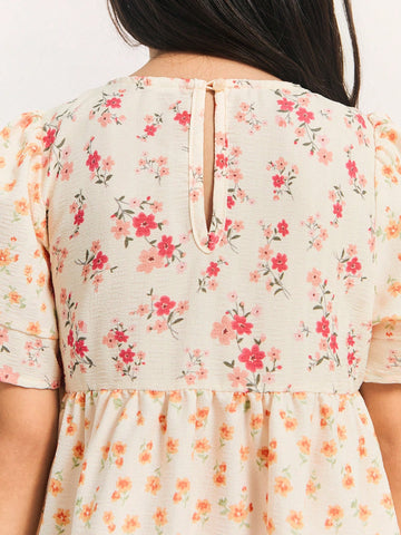 THE HAPPY LOOK Loose Floral Patchwork Round Neck Short Sleeve Dress, Young Girls Casual Vacation Style, Spring