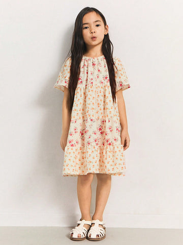 THE HAPPY LOOK Loose Floral Patchwork Round Neck Short Sleeve Dress, Young Girls Casual Vacation Style, Spring