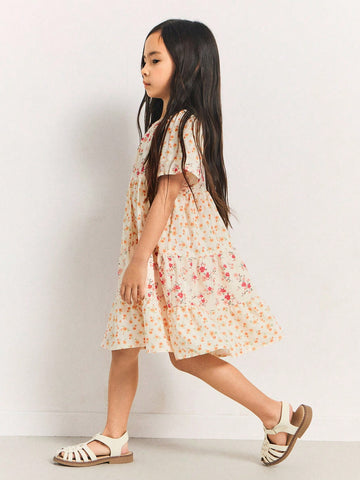THE HAPPY LOOK Loose Floral Patchwork Round Neck Short Sleeve Dress, Young Girls Casual Vacation Style, Spring