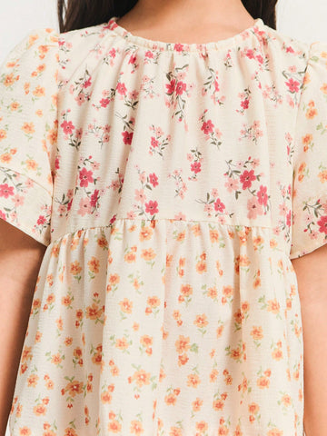 THE HAPPY LOOK Loose Floral Patchwork Round Neck Short Sleeve Dress, Young Girls Casual Vacation Style, Spring