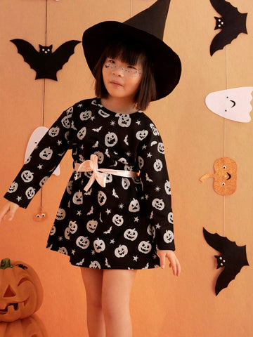 THE HAPPY LOOK Young Boys Cute Pumpkin Print Round Neck Long Sleeve A-Line Waist Black Sweatshirt Dress, Fall & Winter Halloween Glow In The Dark