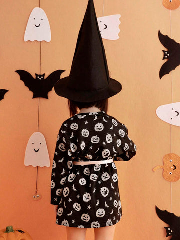 THE HAPPY LOOK Young Boys Cute Pumpkin Print Round Neck Long Sleeve A-Line Waist Black Sweatshirt Dress, Fall & Winter Halloween Glow In The Dark