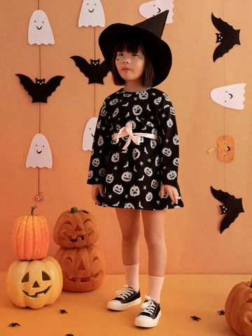 THE HAPPY LOOK Young Boys Cute Pumpkin Print Round Neck Long Sleeve A-Line Waist Black Sweatshirt Dress, Fall & Winter Halloween Glow In The Dark