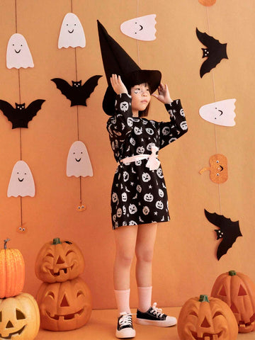 THE HAPPY LOOK Young Boys Cute Pumpkin Print Round Neck Long Sleeve A-Line Waist Black Sweatshirt Dress, Fall & Winter Halloween Glow In The Dark
