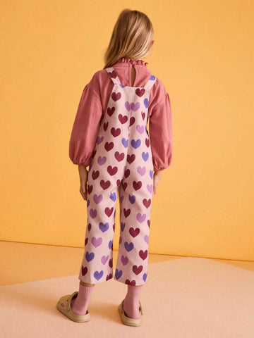THE HAPPY LOOK Young Girl All-Over Love Pattern Wide Strap Pocket Casual Jumpsuit