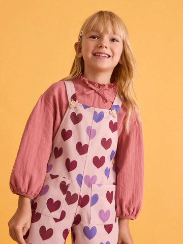 THE HAPPY LOOK Young Girl All-Over Love Pattern Wide Strap Pocket Casual Jumpsuit