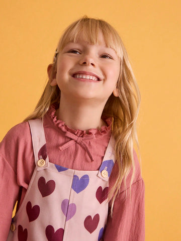 THE HAPPY LOOK Young Girl All-Over Love Pattern Wide Strap Pocket Casual Jumpsuit