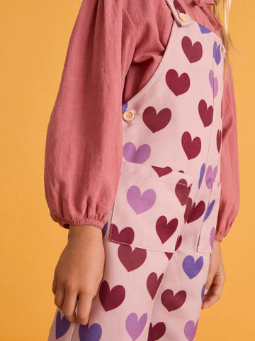 THE HAPPY LOOK Young Girl All-Over Love Pattern Wide Strap Pocket Casual Jumpsuit