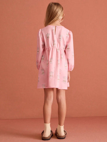 THE HAPPY LOOK Young Girl Casual Cartoon Print Puff Sleeve Dress, Suitable For Autumn