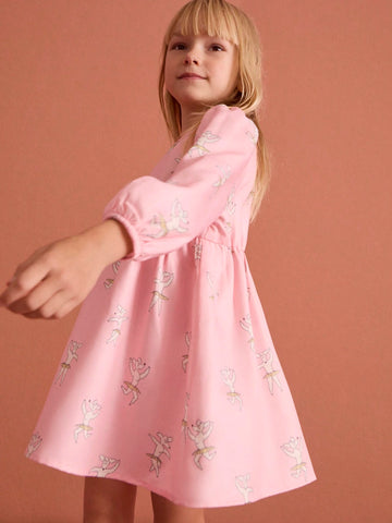 THE HAPPY LOOK Young Girl Casual Cartoon Print Puff Sleeve Dress, Suitable For Autumn