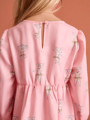 THE HAPPY LOOK Young Girl Casual Cartoon Print Puff Sleeve Dress, Suitable For Autumn