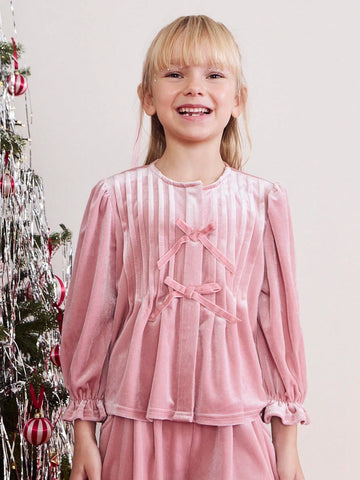 THE HAPPY LOOK Young Girl Casual Pink Shimmering Velvet Decorated Butterfly Pleated Shirt, Fall/Winter,Christmas