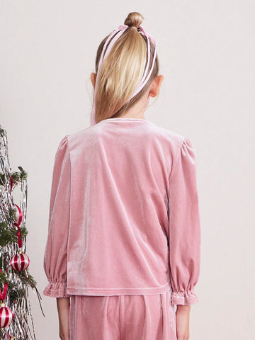 THE HAPPY LOOK Young Girl Casual Pink Shimmering Velvet Decorated Butterfly Pleated Shirt, Fall/Winter,Christmas