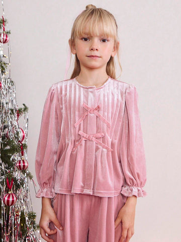 THE HAPPY LOOK Young Girl Casual Pink Shimmering Velvet Decorated Butterfly Pleated Shirt, Fall/Winter,Christmas