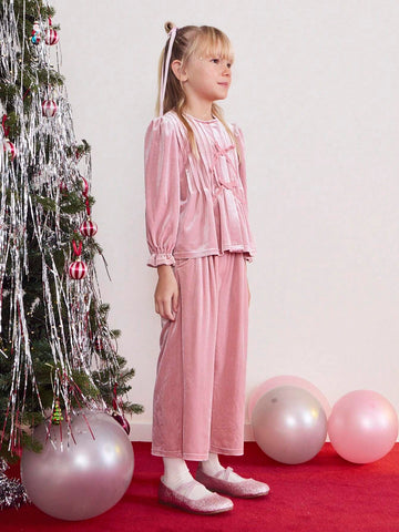 THE HAPPY LOOK Young Girl Casual Pink Shimmering Velvet Decorated Butterfly Pleated Shirt, Fall/Winter,Christmas