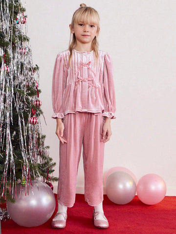 THE HAPPY LOOK Young Girl Casual Pink Shimmering Velvet Decorated Butterfly Pleated Shirt, Fall/Winter,Christmas