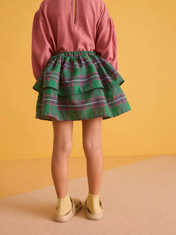 THE HAPPY LOOK Young Girl Elasticated Waist Plaid Double-Layer Ruffled Hem Casual Skirt
