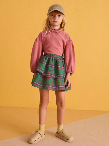 THE HAPPY LOOK Young Girl Elasticated Waist Plaid Double-Layer Ruffled Hem Casual Skirt