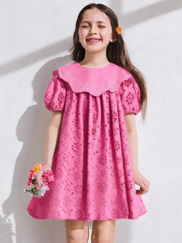 Young Girl Fashion Casual Burn-Out Embroidery Puff Sleeve Cute Dress
