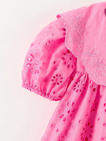 Young Girl Fashion Casual Burn-Out Embroidery Puff Sleeve Cute Dress