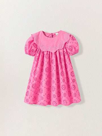 Young Girl Fashion Casual Burn-Out Embroidery Puff Sleeve Cute Dress