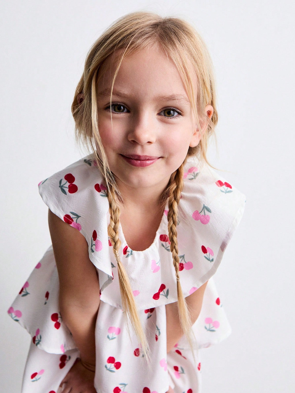 Young Girl Loose Casual Cherry Pattern Ruffle Collar Double-Layer Hem Waisted Cute Dress