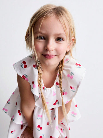 Young Girl Loose Casual Cherry Pattern Ruffle Collar Double-Layer Hem Waisted Cute Dress