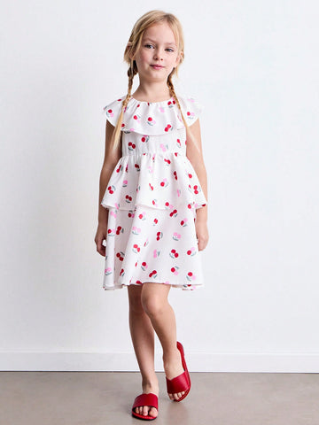 Young Girl Loose Casual Cherry Pattern Ruffle Collar Double-Layer Hem Waisted Cute Dress