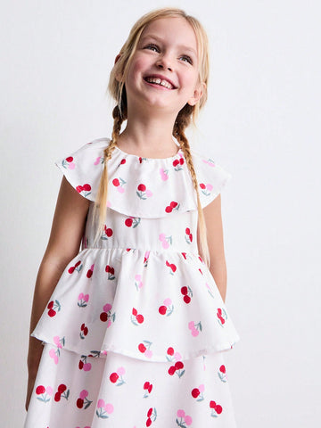 Young Girl Loose Casual Cherry Pattern Ruffle Collar Double-Layer Hem Waisted Cute Dress