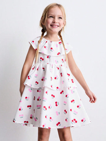 Young Girl Loose Casual Cherry Pattern Ruffle Collar Double-Layer Hem Waisted Cute Dress