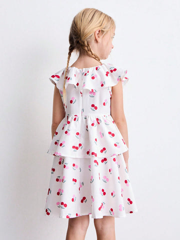 Young Girl Loose Casual Cherry Pattern Ruffle Collar Double-Layer Hem Waisted Cute Dress