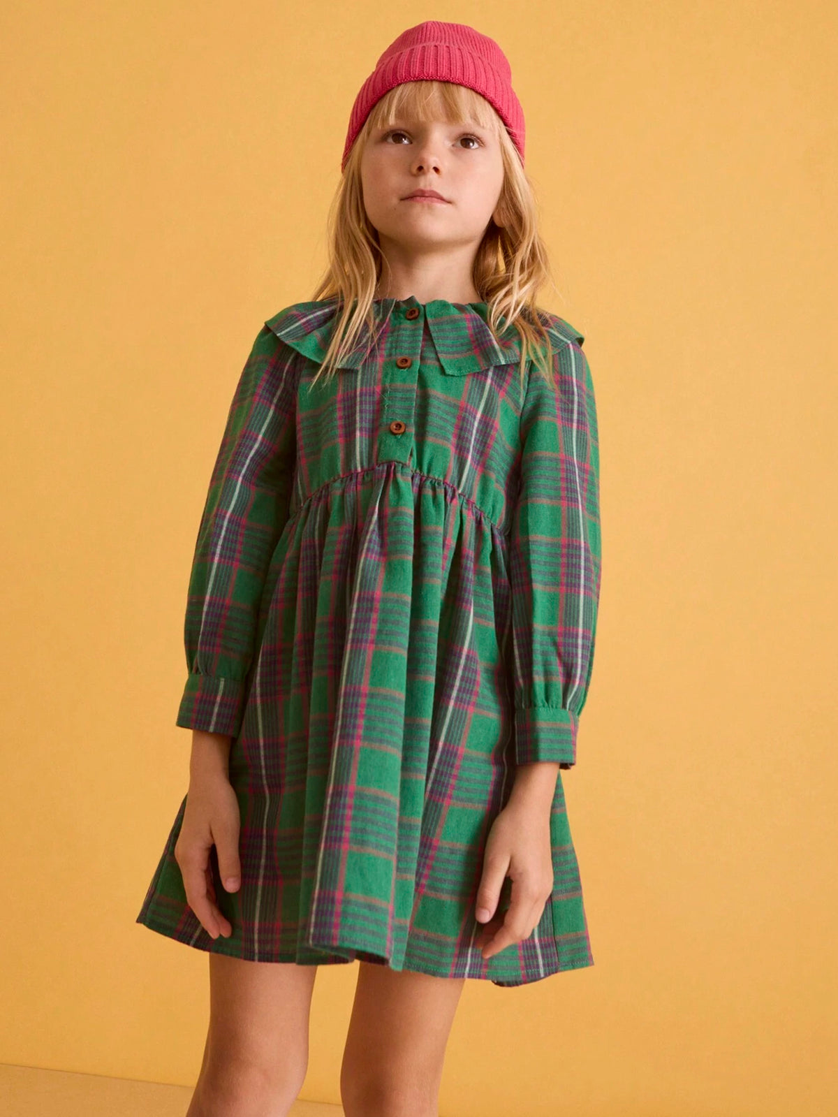 THE HAPPY LOOK Young Girl Plaid Print Peter Pan Collar Long Sleeve Dress