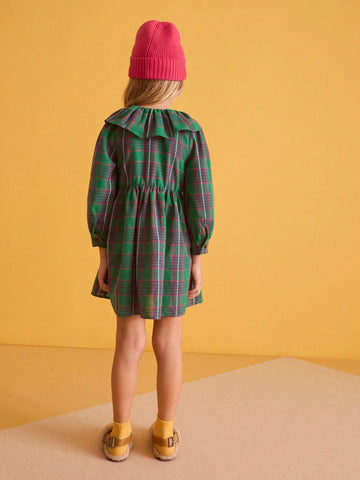 THE HAPPY LOOK Young Girl Plaid Print Peter Pan Collar Long Sleeve Dress