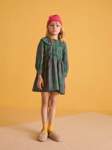 THE HAPPY LOOK Young Girl Plaid Print Peter Pan Collar Long Sleeve Dress