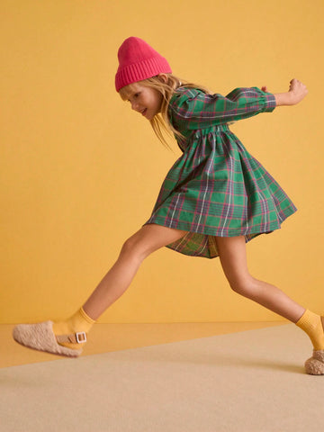 THE HAPPY LOOK Young Girl Plaid Print Peter Pan Collar Long Sleeve Dress