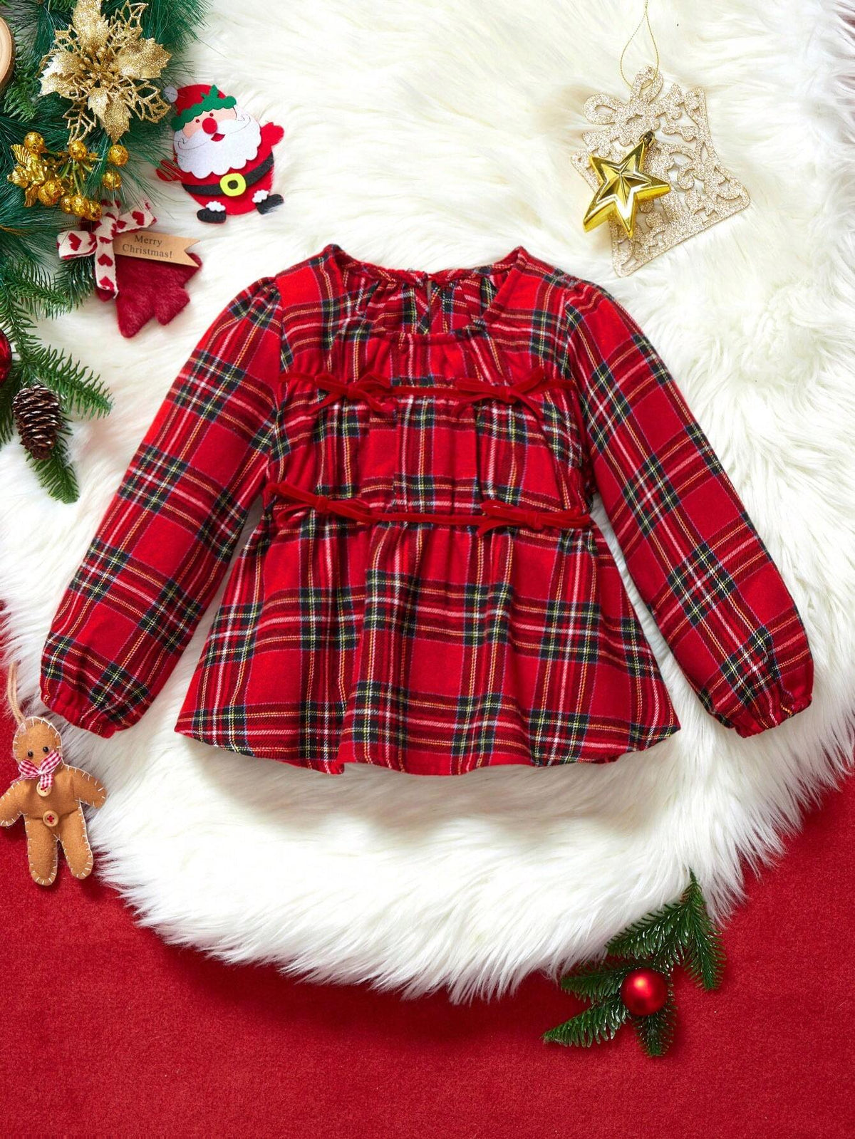 THE HAPPY LOOK Young Girl Red Plaid Round Collar Pullover Lantern Sleeve A Pendulum Shirt, Fall/Winter, Christmas, Casual Style, Mori Girl