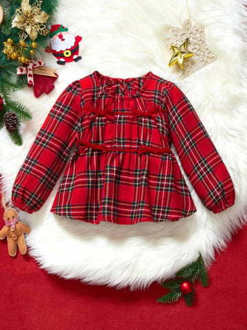 THE HAPPY LOOK Young Girl Red Plaid Round Collar Pullover Lantern Sleeve A Pendulum Shirt, Fall/Winter, Christmas, Casual Style, Mori Girl