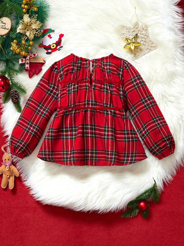 THE HAPPY LOOK Young Girl Red Plaid Round Collar Pullover Lantern Sleeve A Pendulum Shirt, Fall/Winter, Christmas, Casual Style, Mori Girl