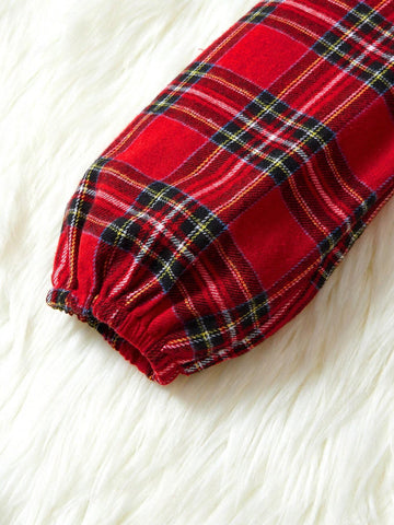 THE HAPPY LOOK Young Girl Red Plaid Round Collar Pullover Lantern Sleeve A Pendulum Shirt, Fall/Winter, Christmas, Casual Style, Mori Girl