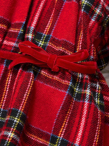 THE HAPPY LOOK Young Girl Red Plaid Round Collar Pullover Lantern Sleeve A Pendulum Shirt, Fall/Winter, Christmas, Casual Style, Mori Girl