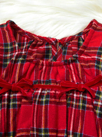 THE HAPPY LOOK Young Girl Red Plaid Round Collar Pullover Lantern Sleeve A Pendulum Shirt, Fall/Winter, Christmas, Casual Style, Mori Girl