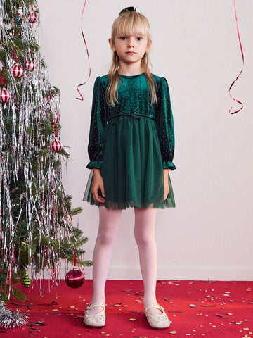 THE HAPPY LOOK Young Girl Rhinestone Decor Round Neck Long Sleeve Mesh Hem Elegant Dress