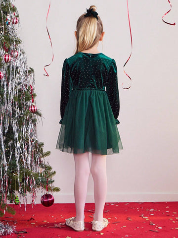 THE HAPPY LOOK Young Girl Rhinestone Decor Round Neck Long Sleeve Mesh Hem Elegant Dress