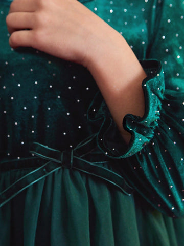 THE HAPPY LOOK Young Girl Rhinestone Decor Round Neck Long Sleeve Mesh Hem Elegant Dress