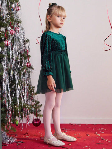 THE HAPPY LOOK Young Girl Rhinestone Decor Round Neck Long Sleeve Mesh Hem Elegant Dress