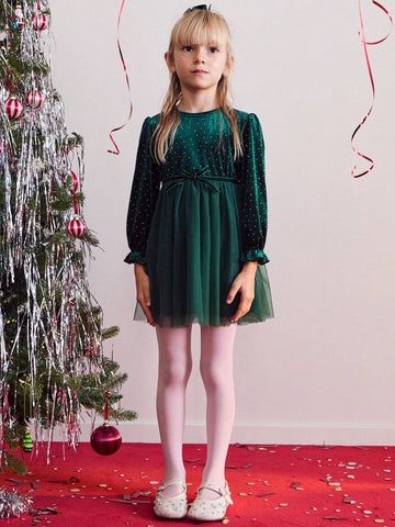 THE HAPPY LOOK Young Girl Rhinestone Decor Round Neck Long Sleeve Mesh Hem Elegant Dress