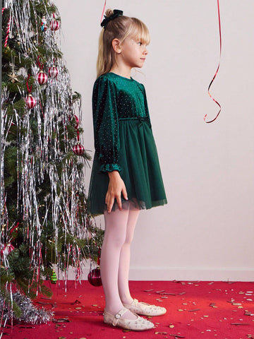 THE HAPPY LOOK Young Girl Rhinestone Decor Round Neck Long Sleeve Mesh Hem Elegant Dress