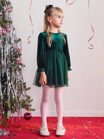 THE HAPPY LOOK Young Girl Rhinestone Decor Round Neck Long Sleeve Mesh Hem Elegant Dress