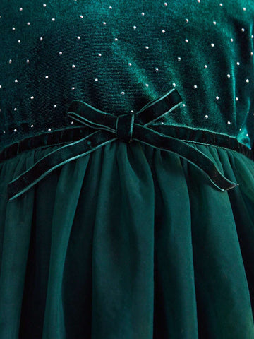 THE HAPPY LOOK Young Girl Rhinestone Decor Round Neck Long Sleeve Mesh Hem Elegant Dress