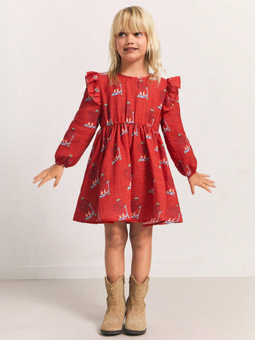 THE HAPPY LOOK Young Girl Sailing Ship Print Round Neck Lantern Sleeve Ruffle Splice Cute Dress